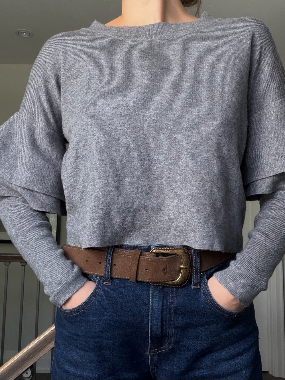 Gray Women's Layered-Sleeve Cropped Sweater - Twik